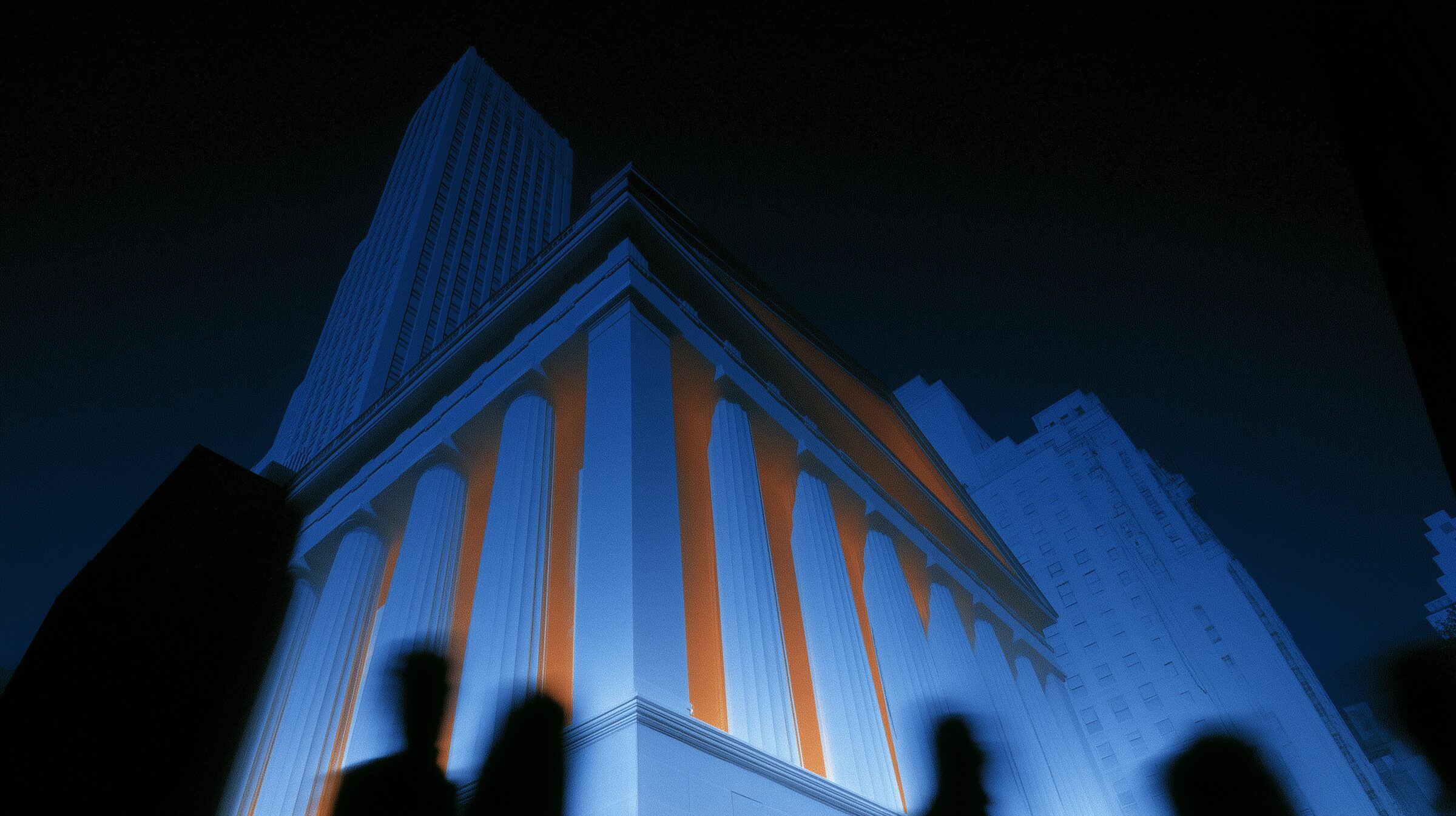 Thermal imaging of a financial district facade at night
